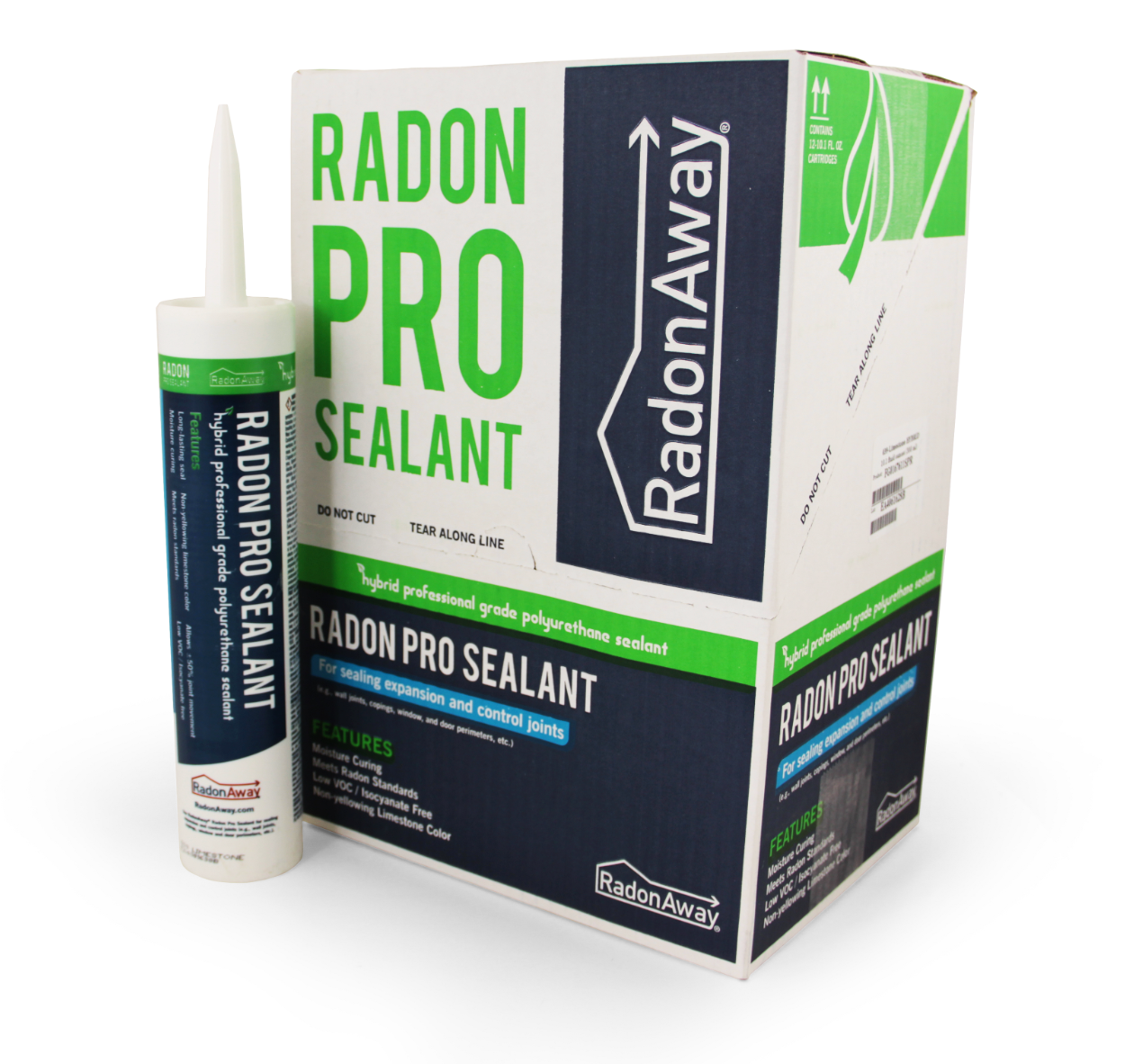 A tube of RadonAway Radon Pro Hybrid Sealant next to its packaging box. The sealant tube is green and white, and the box is predominantly white with green and black accents.