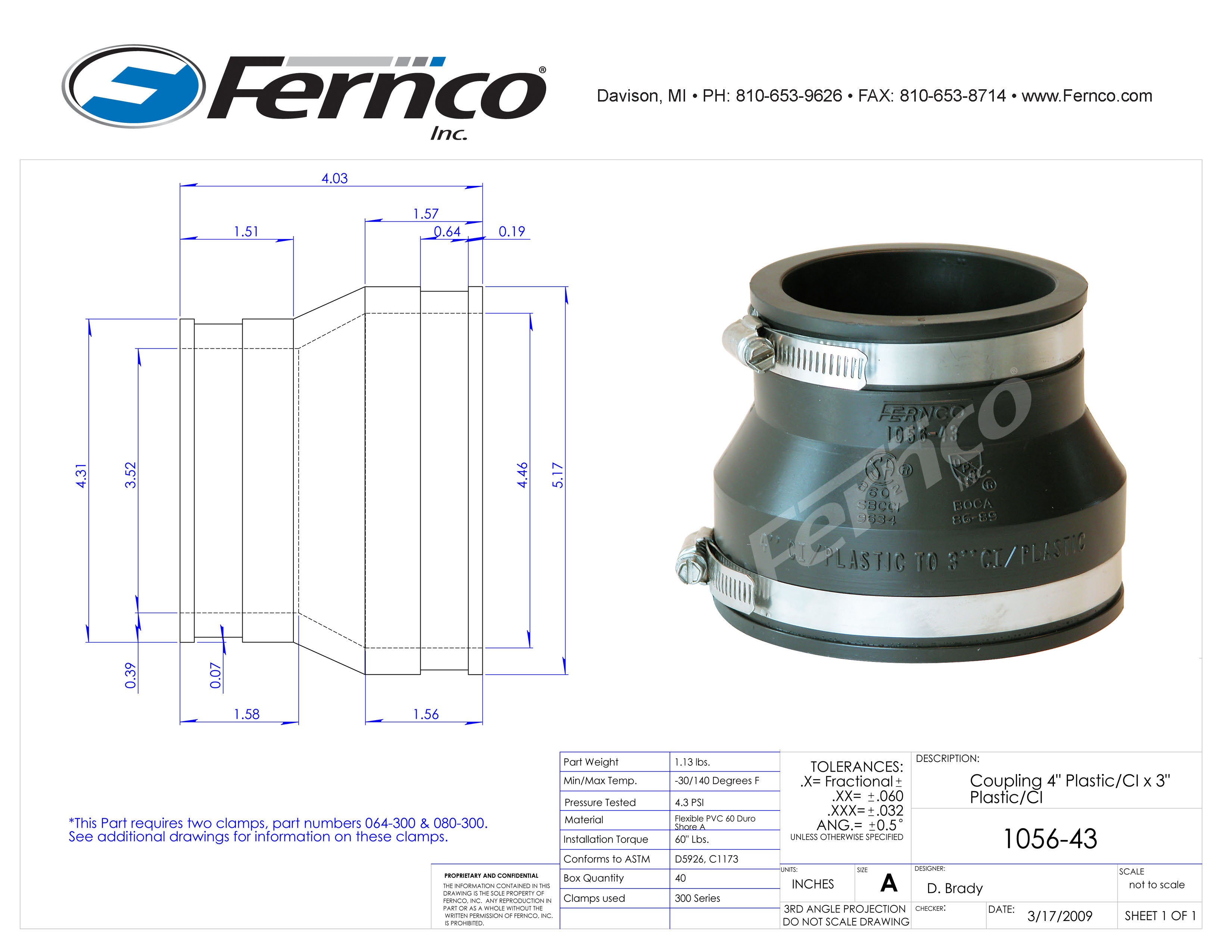 Fernco 4" X 3" PVC to PVC FLEXIBLE COUPLING (BLACK)