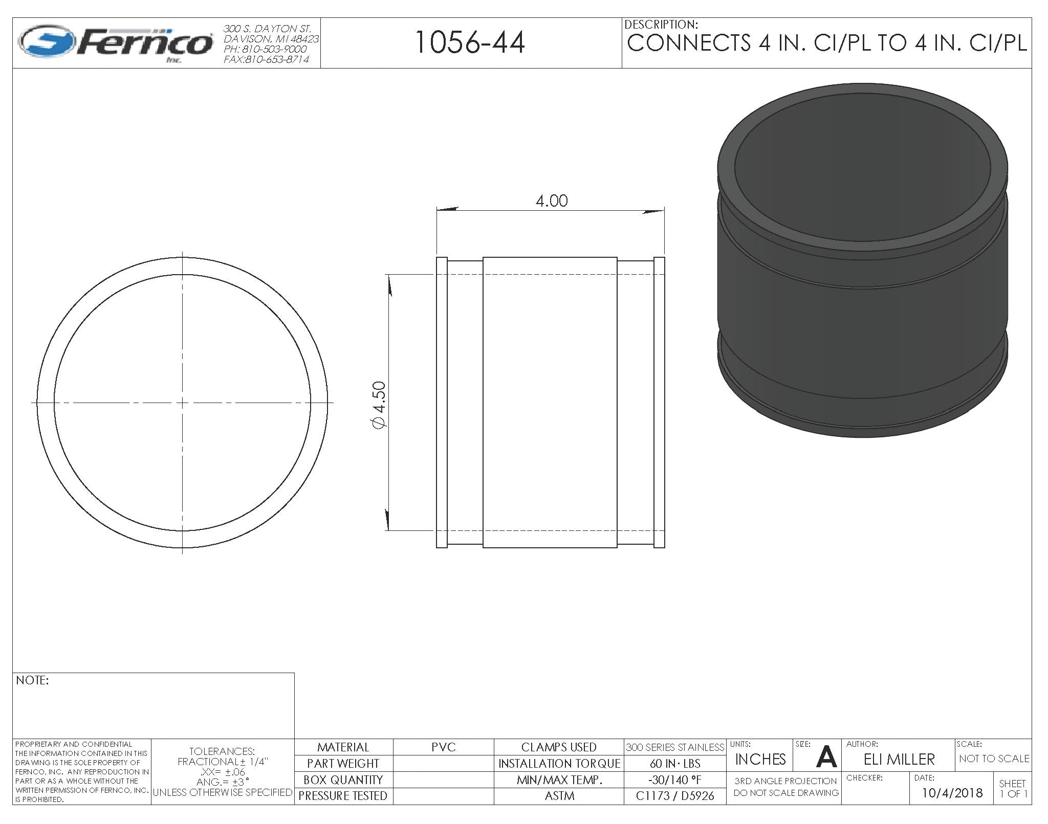 Fernco 4" X 4" PVC to PVC FLEXIBLE COUPLING (WHITE)