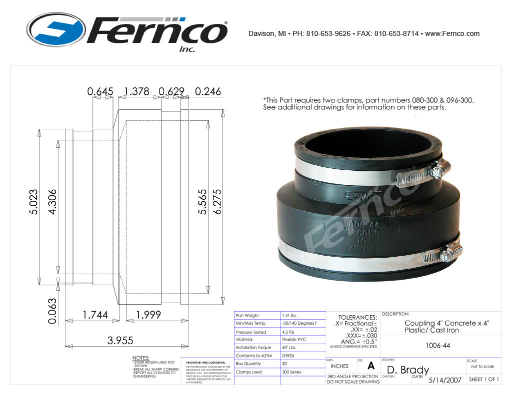 Technical drawing of a coupling with dimensions and specifications, branded with Fernco Inc.