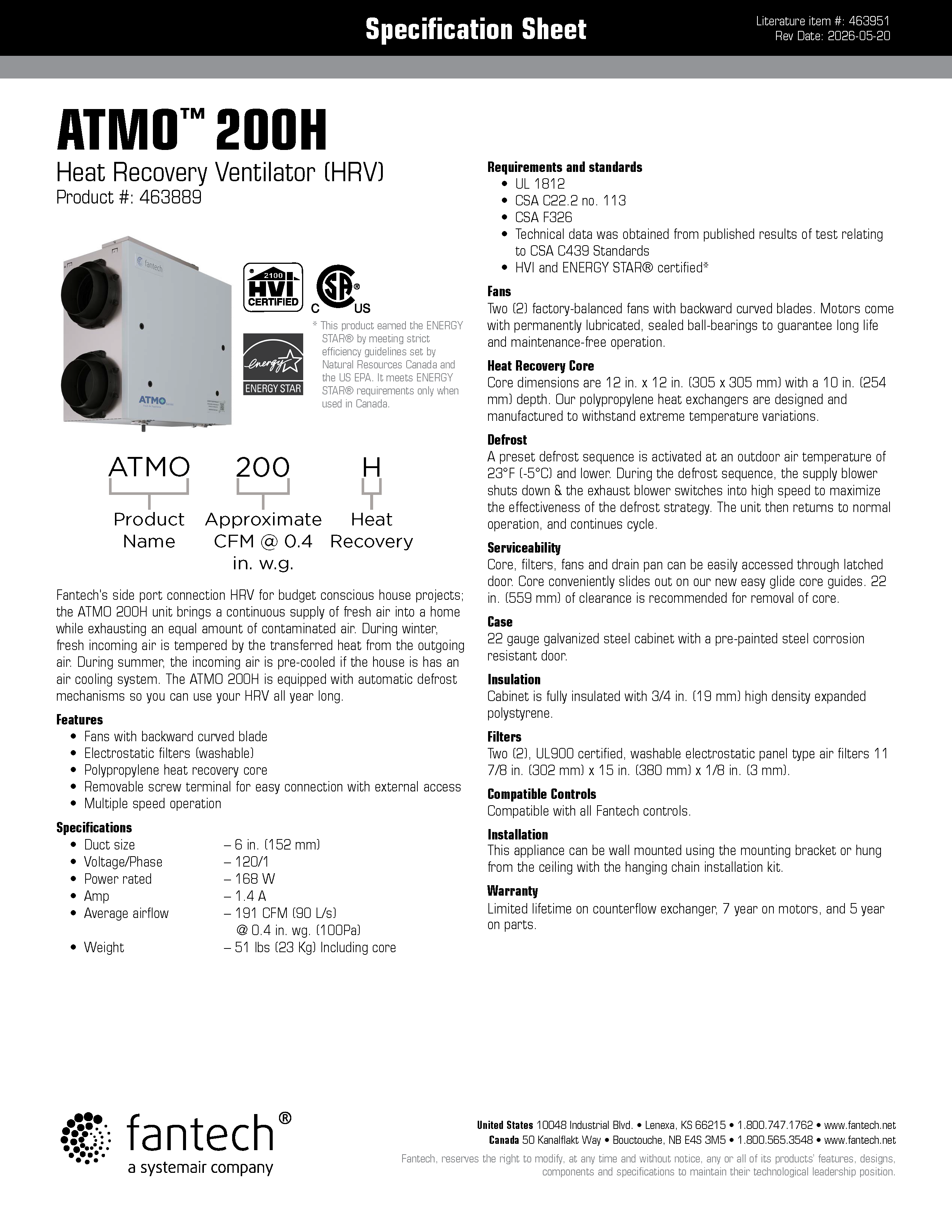 Fantech ATMO™ 200H HRV