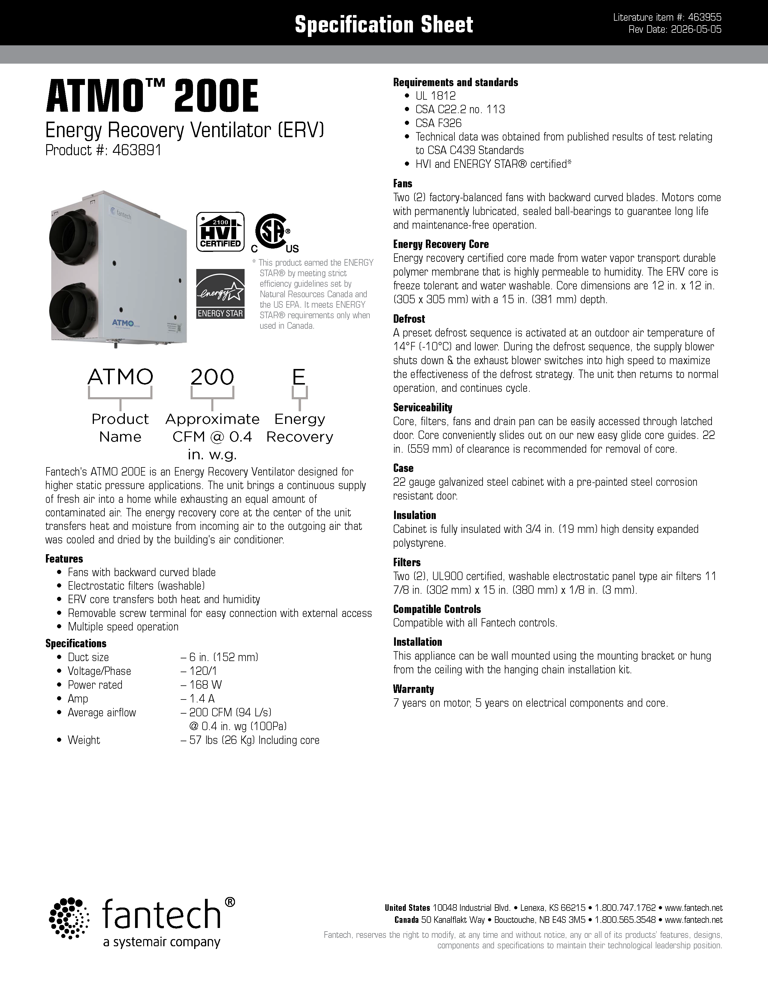 Fantech ATMO™ 200E ERV