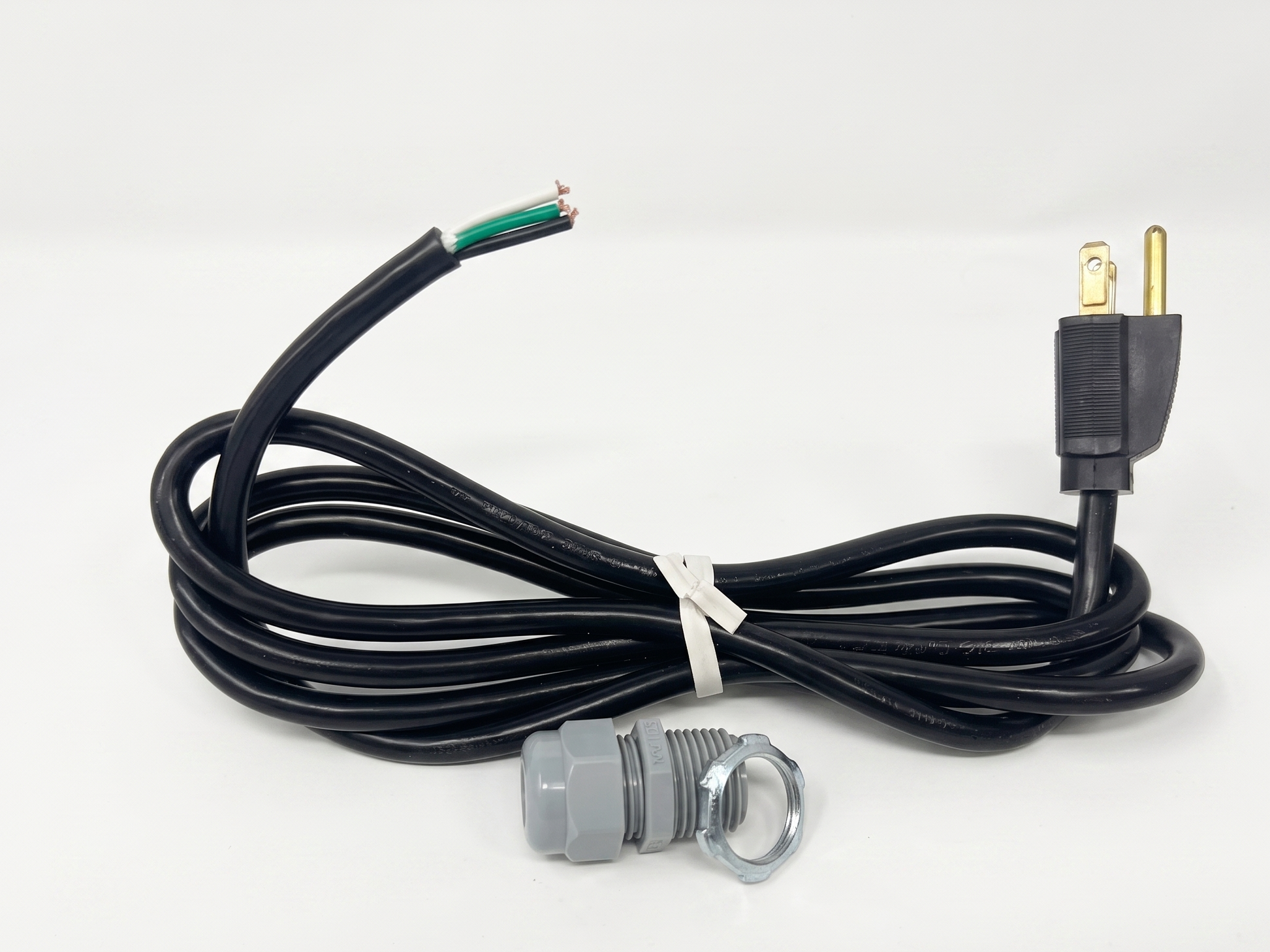 A coiled black electrical power cable with a two-prong plug, a gray waterproof connector with a metal ring, and exposed wire on one end, photographed on a white background.