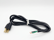 A coiled black power cord with a three-prong plug on one end and exposed wire ends on the other, secured with a white tie-wrap, shown on a white background.