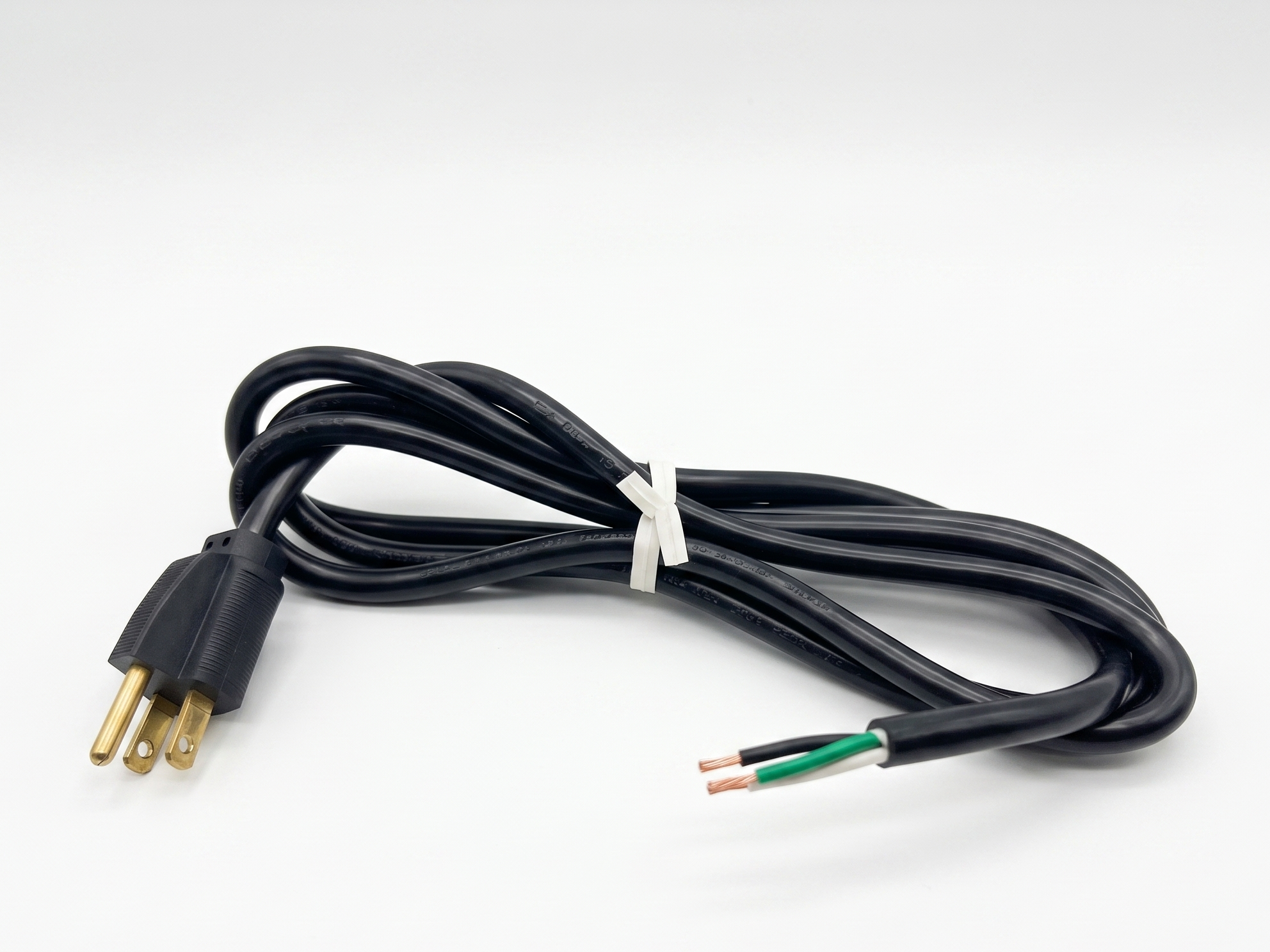 A coiled black power cord with a three-prong plug on one end and exposed wire ends on the other, secured with a white tie-wrap, shown on a white background.