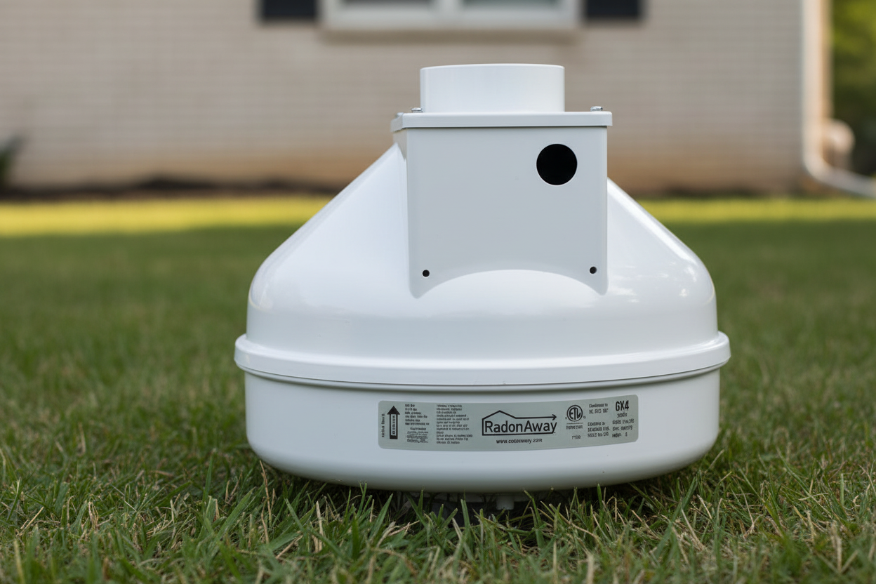 A white round radon fan with the brand name GX4 Pro Series Radon Fan visible on it, designed for indoor and outdoor use.