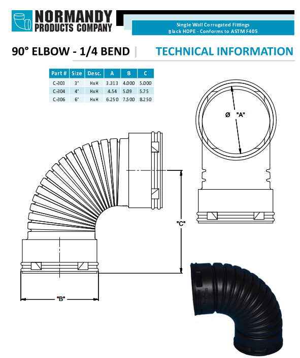 Normandy Singlewall 90° Elbow – 3" & 4" Corrugated Drain Pipe Fitting