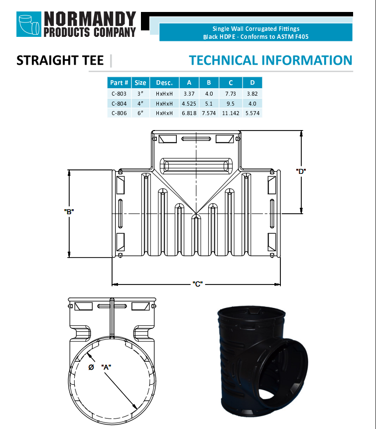 Normandy Singlewall Straight Tee – 3" & 4" Corrugated Drain Pipe Connector