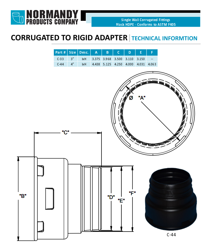 Normandy Corrugated Pipe Adapter – 3" & 4" Singlewall