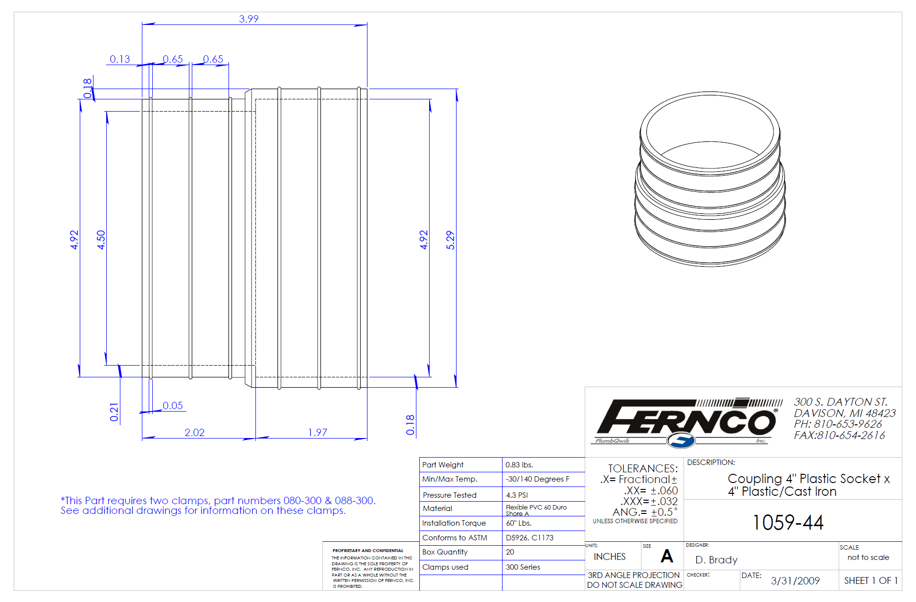 Technical drawing of a plastic socket with dimensions and specifications, featuring the Fernco logo.