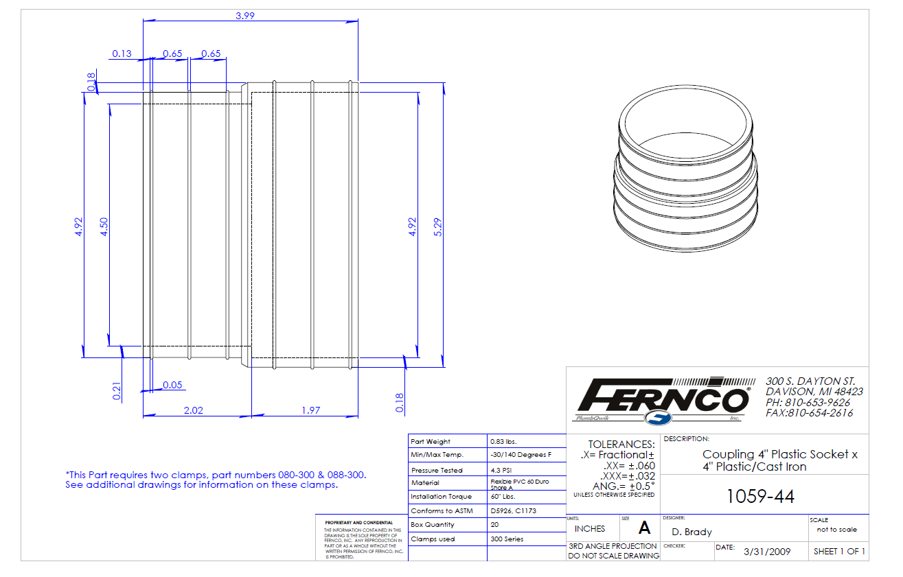 Fernco 4" X 4" PVC Socket to PVC FLEXIBLE COUPLING (White)