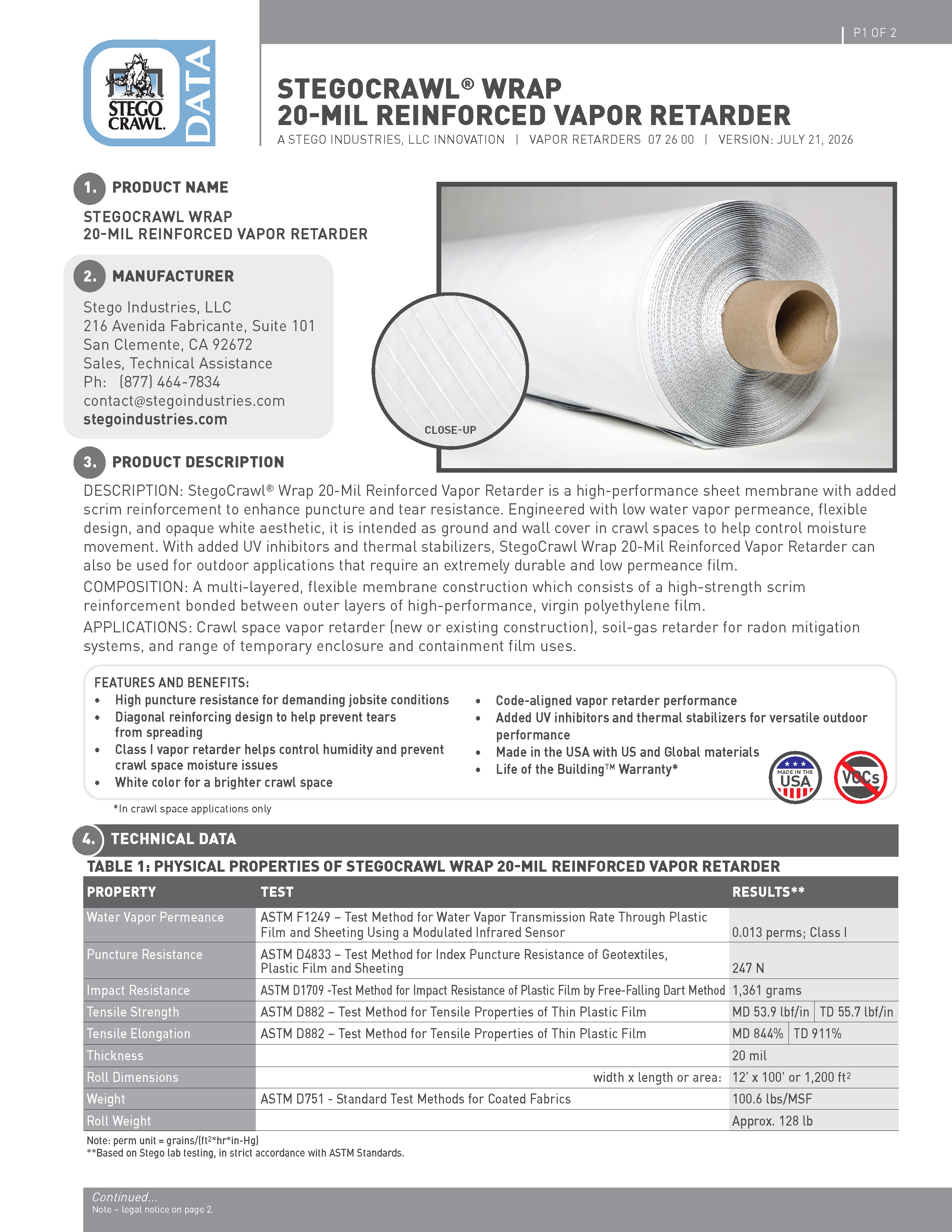 StegoCrawl® Wrap 20-Mil Reinforced Vapor Retarder 12' x 100' (1,200 sq ft)