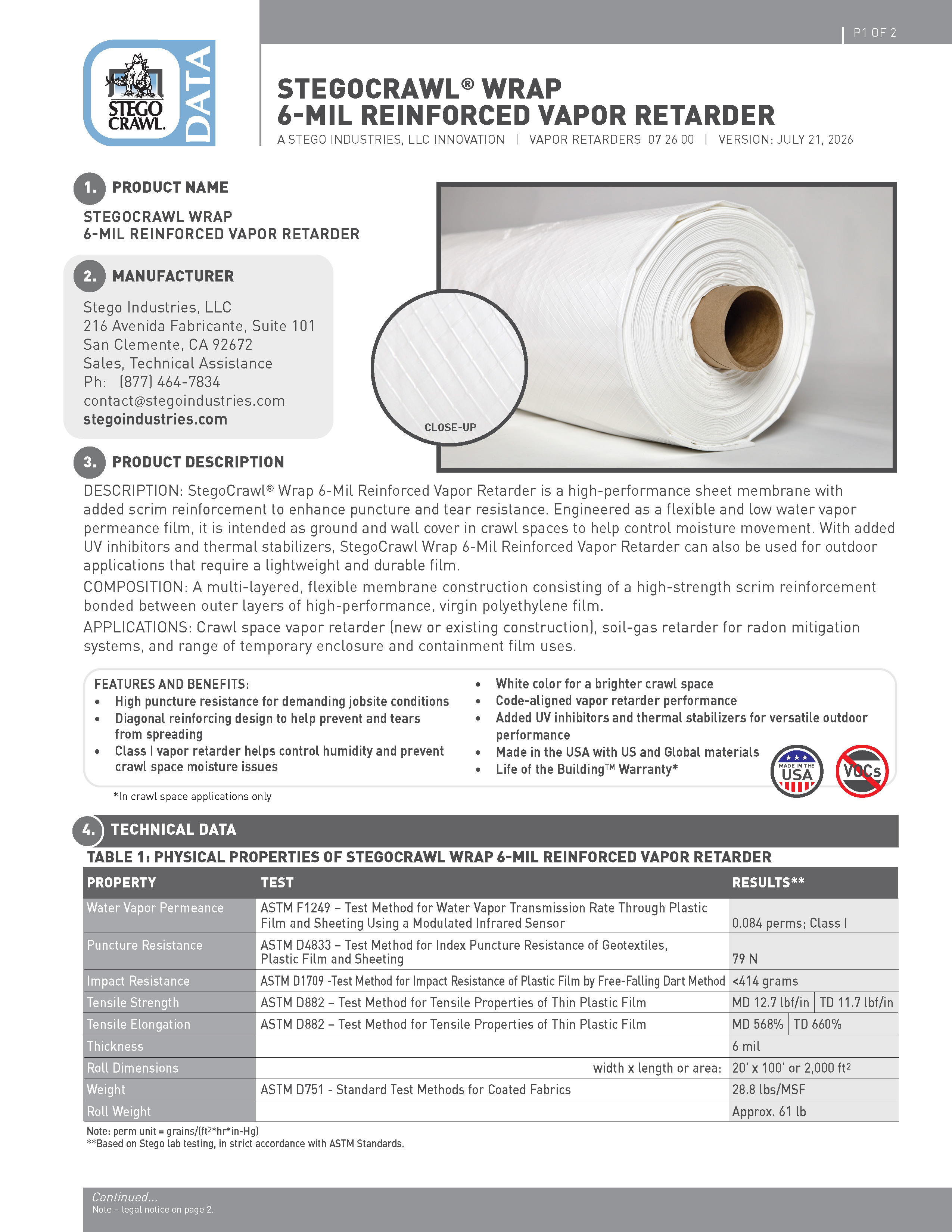 StegoCrawl® Wrap 6-Mil Reinforced Vapor Retarder 20' x 100' (2,000 sq ft)
