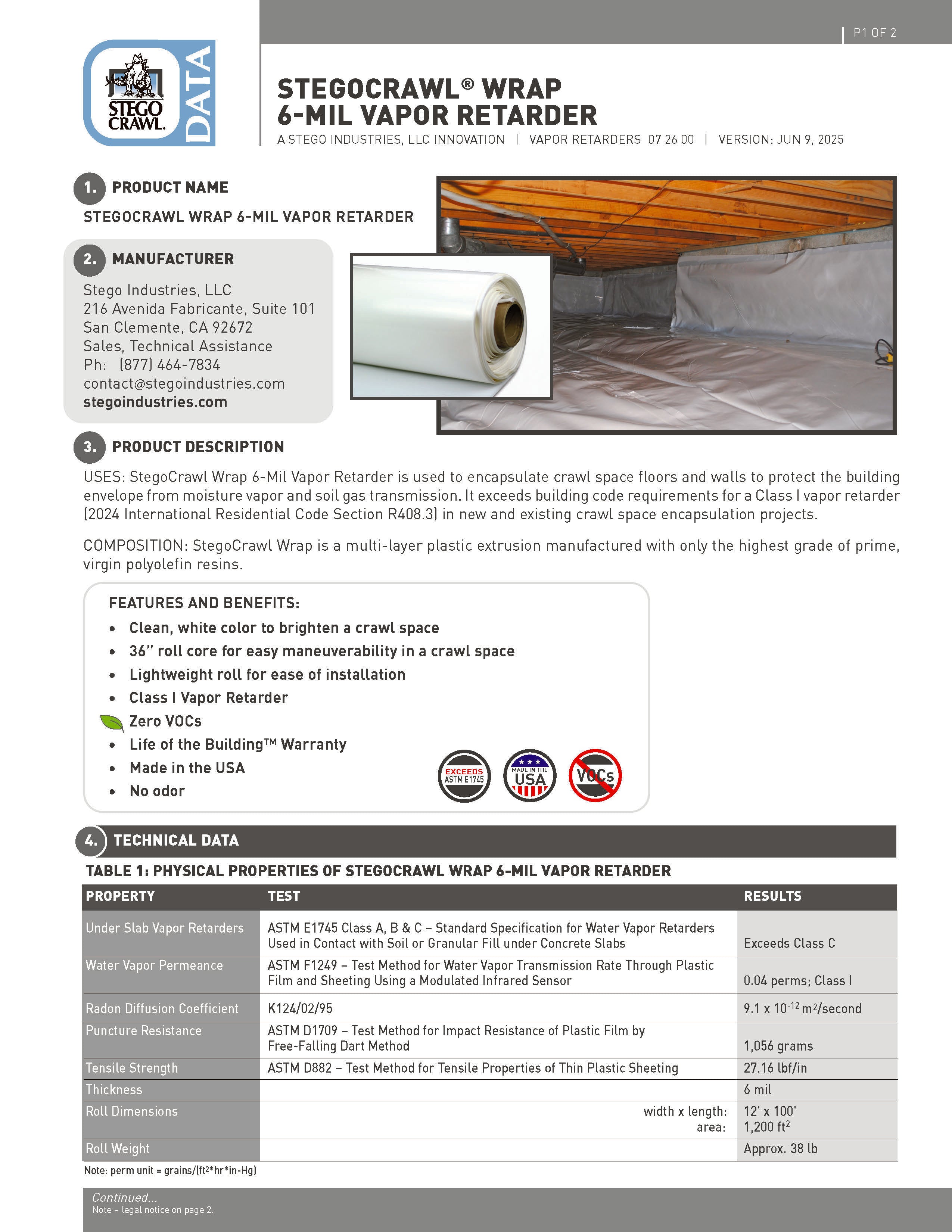 Stegocrawl wrap 6-mil vapor retarder product data sheet with text and images.