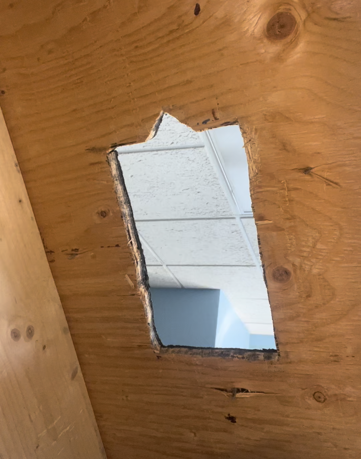 Wooden panel with a rectangular cutout revealing a blue sky
